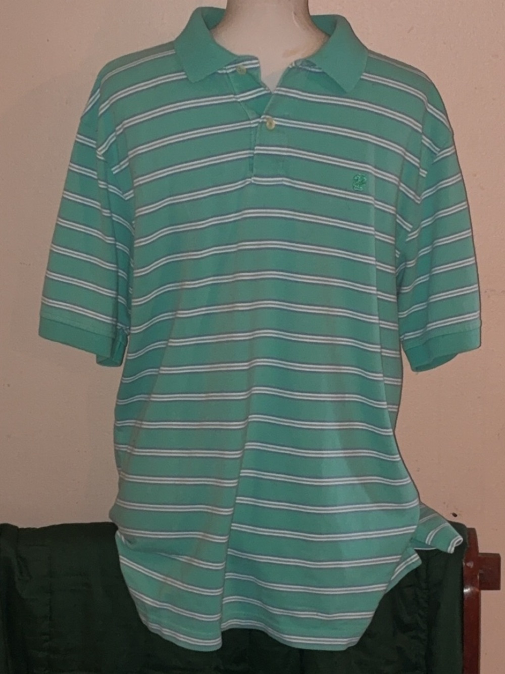 IZOD Mint Green Striped Polo Shirt Size Large White Blue Short Sleeve